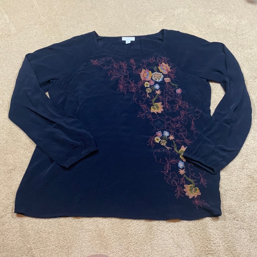 J. Jill Top Size Small S Navy Long Sleeve Floral Embroidery Peasant Sleeve